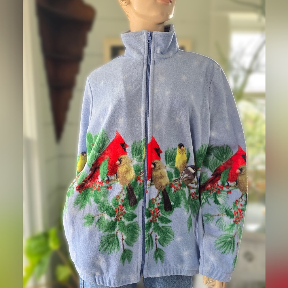 VNTG Blair Women's Blue Zip Fleece Winter Cardinal Jacket Sz Med Christmas Birds